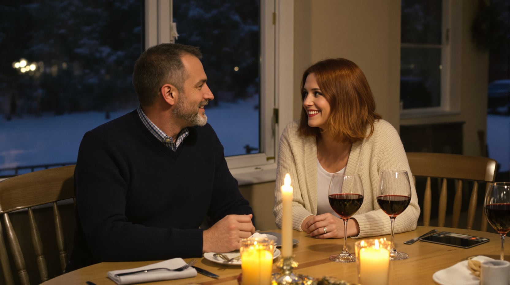 A couple in their fifties sharing a look across the kitchen table on a winter evening