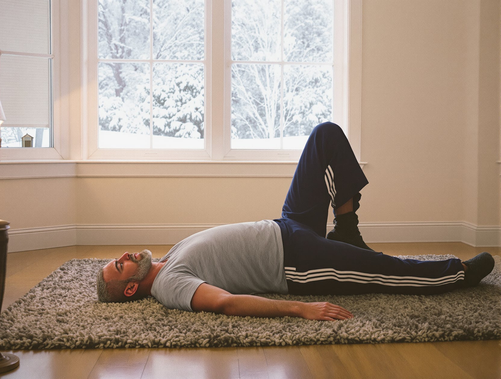 A man in his fifties doing a bridge on a wool rug in the living room