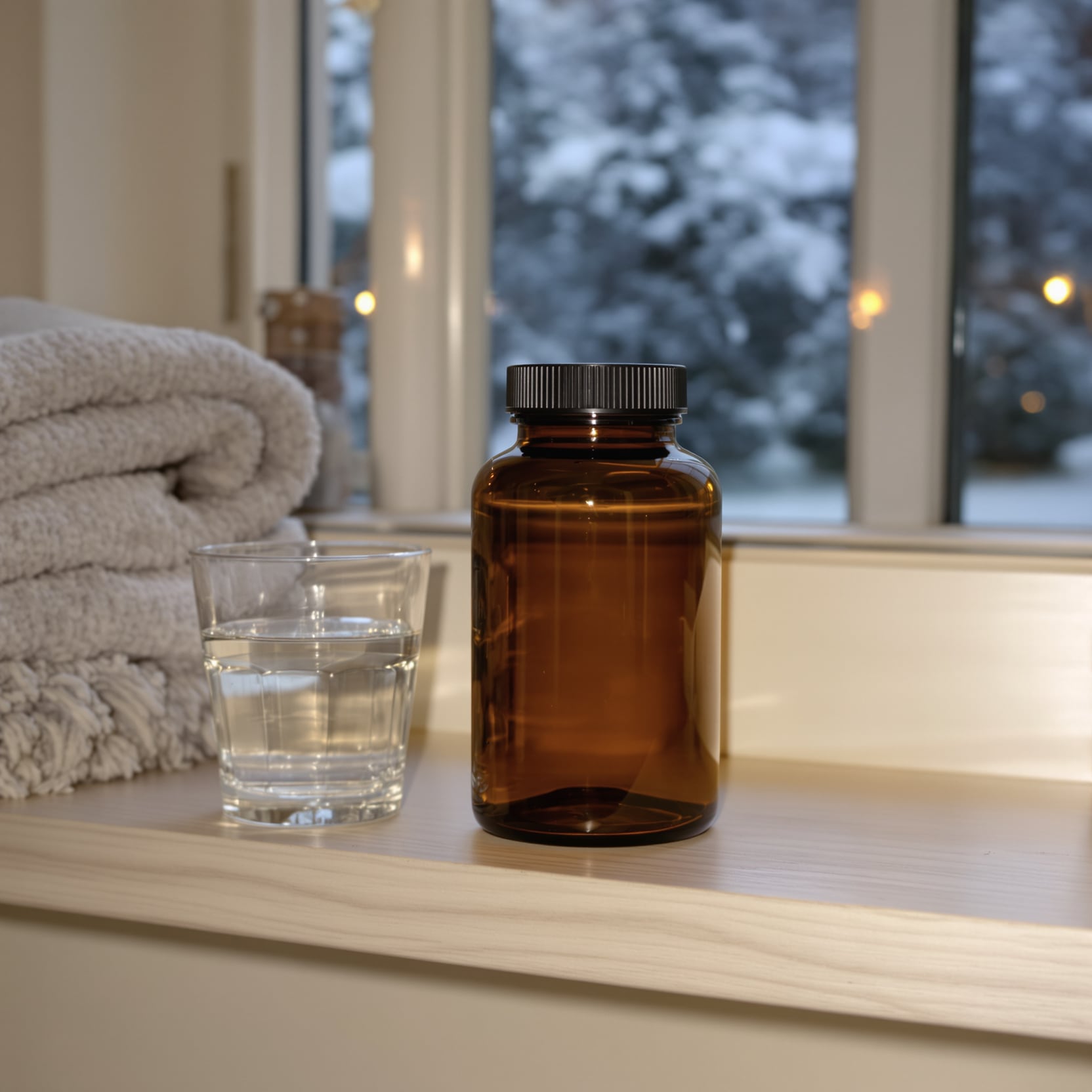 A plain amber jar beside a glass of water on a pine shelf