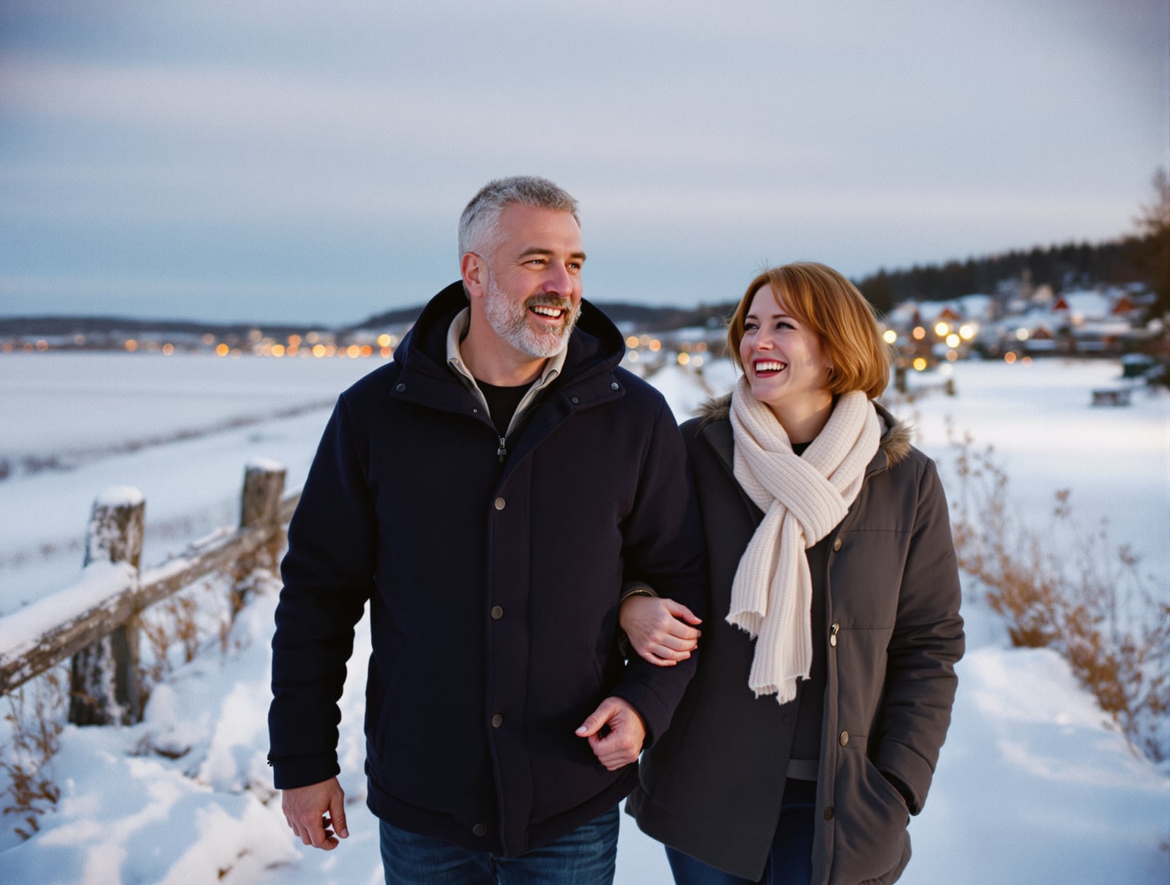A couple in their fifties walking arm in arm beside a frozen lake