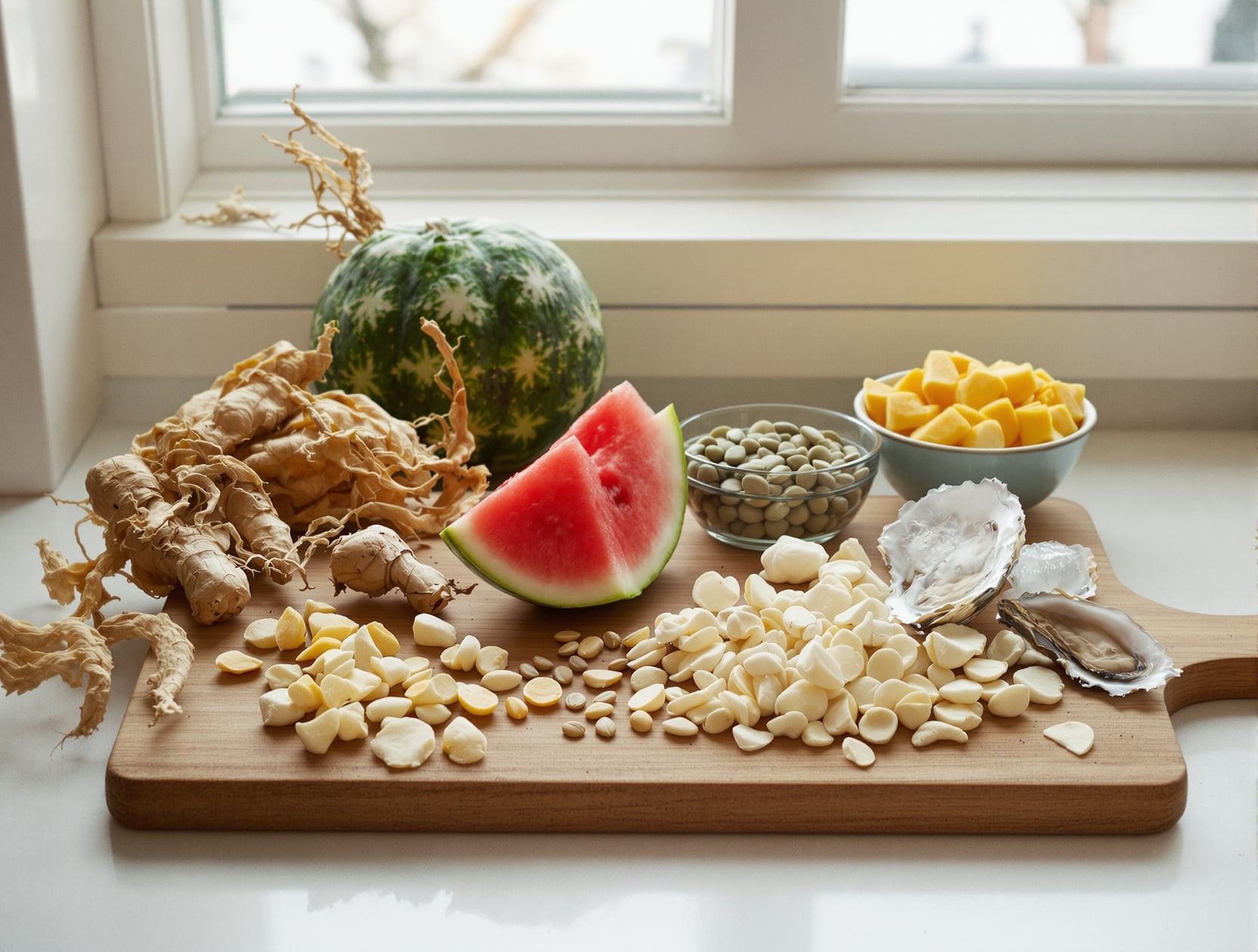 Raw roots, seeds, oysters and a slice of watermelon on a pine board